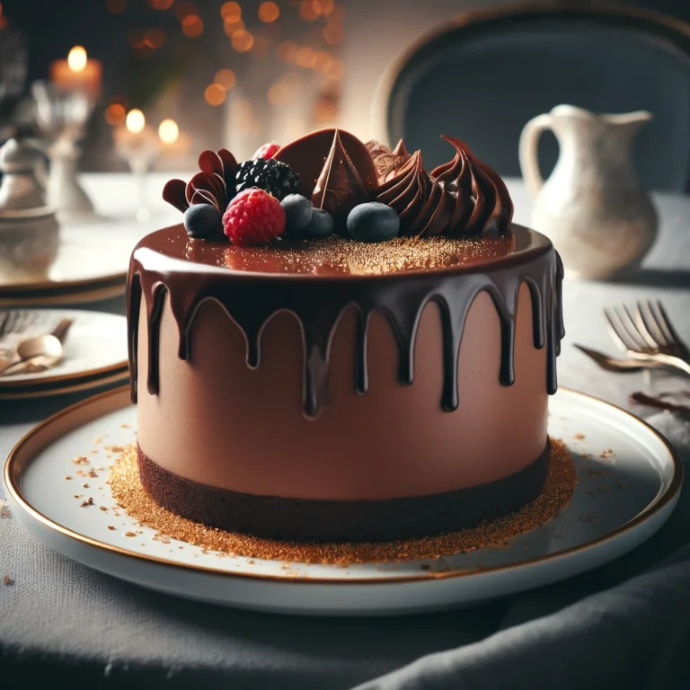 DALL·E-2024-04-29-18.08.00-A-beautifully-presented-gluten-free-chocolate-cake-on-an-elegant-white-plate-garnished-with-a-rich-chocolate-ganache-topping-that-flows-down-the-side