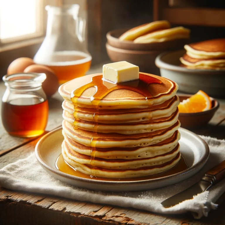 DALL·E-2024-05-21-11.17.18-A-stack-of-fluffy-gluten-free-American-pancakes-on-a-rustic-wooden-table-served-with-a-pat-of-butter-melting-on-top-and-a-generous-drizzle-of-maple-s